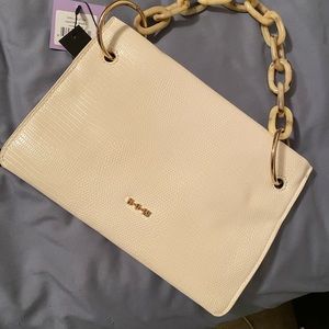NWT HOUSE OF WANT vegan leather clutch with faux-tortoiseshell chain detail